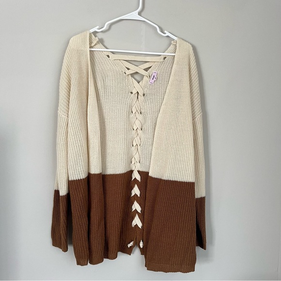 mine Sweaters - MINE Colorblock Brown and Ivory Braided Back Cardigan Size Medium